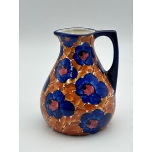 German Pottery Ceramic Floral Pitcher – Blue & Orange Flowers